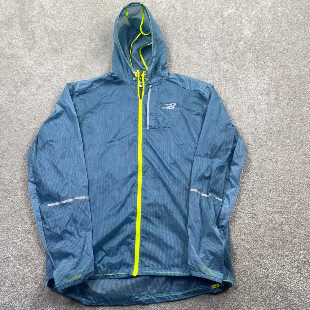 New Balance Windbreaker Jacket Mens Med Blue Neon Yellow Zip Light Packable